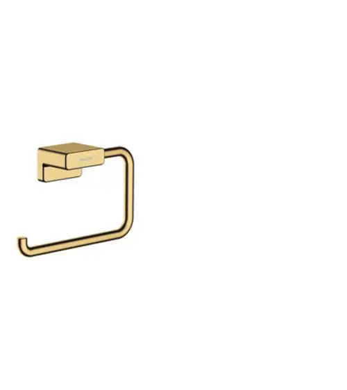 Toilettenpapierhalter aus Metall in Goldoptik, mit schlichter, gerader Form, von der Marke Hansgrohe, montiert an einer weißen Wand.